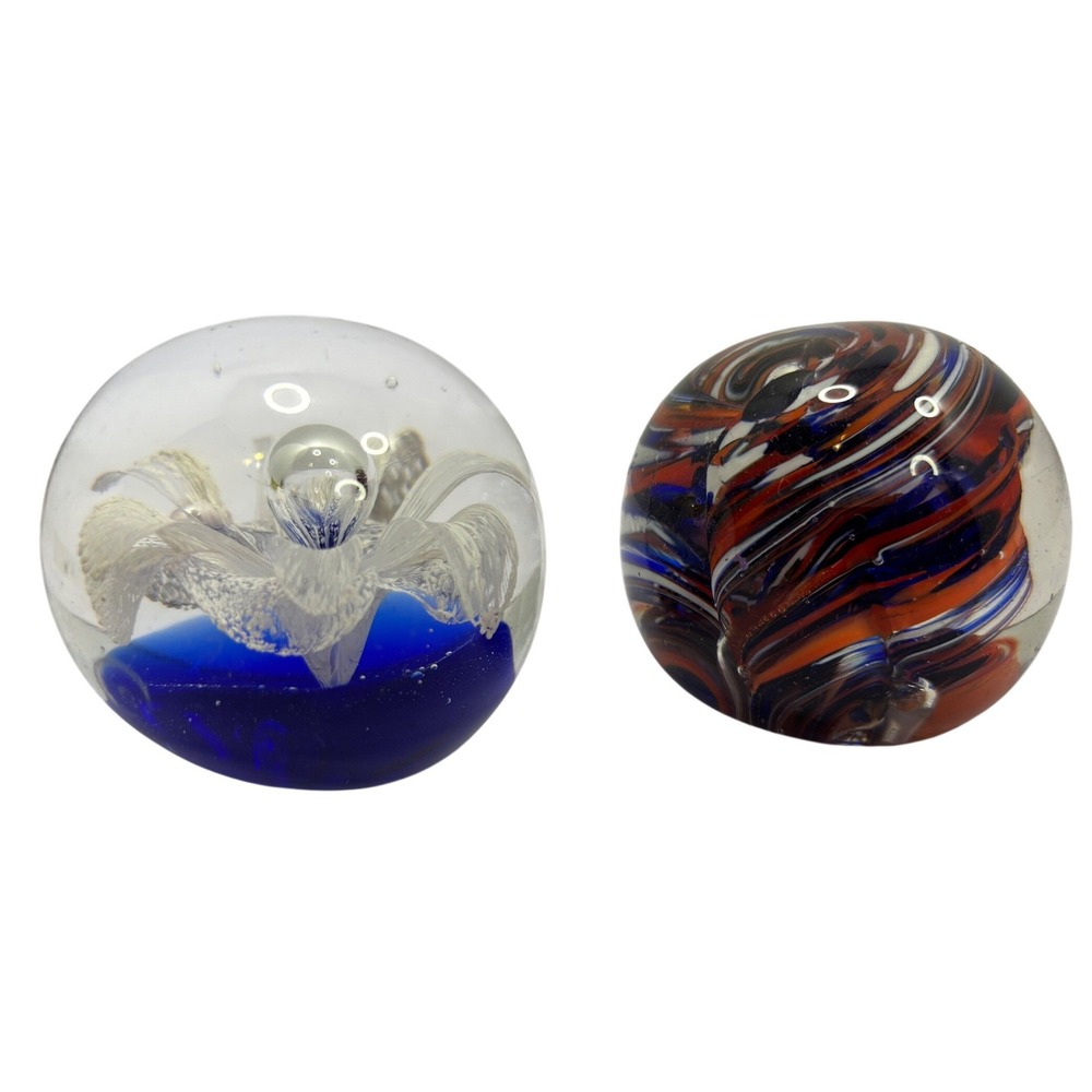 Vintage Art Glass Paperweight Set Cobalt Blue Flower & Multi Color Swirl 2pc